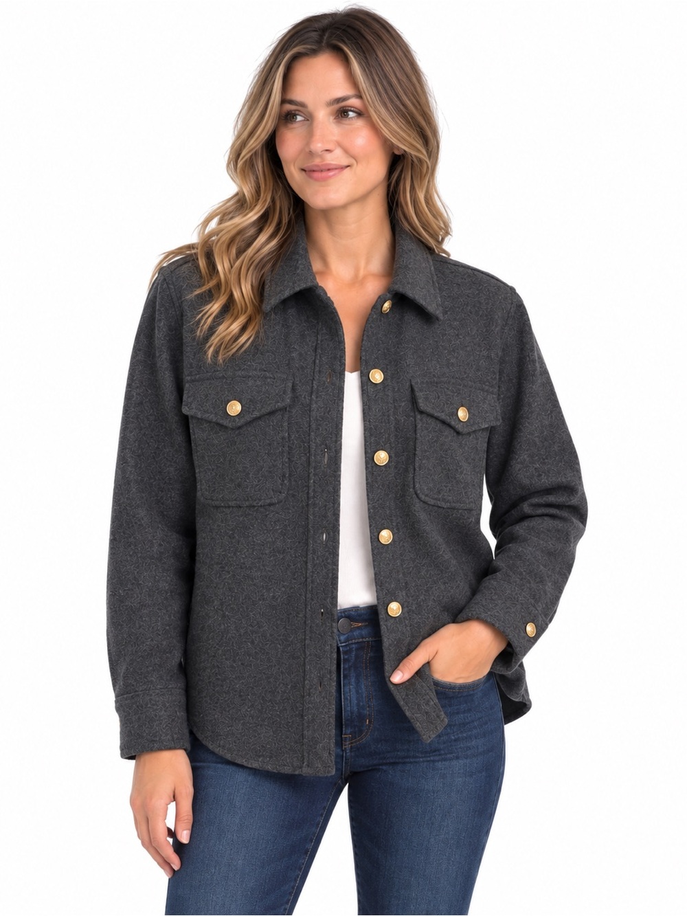 J.Crew Wool Blend Shacket Shirt Jacket Charcoal Gray Gold Buttons XL